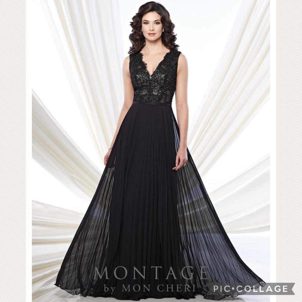 Montage by MonCheri fit and flare pleated gown